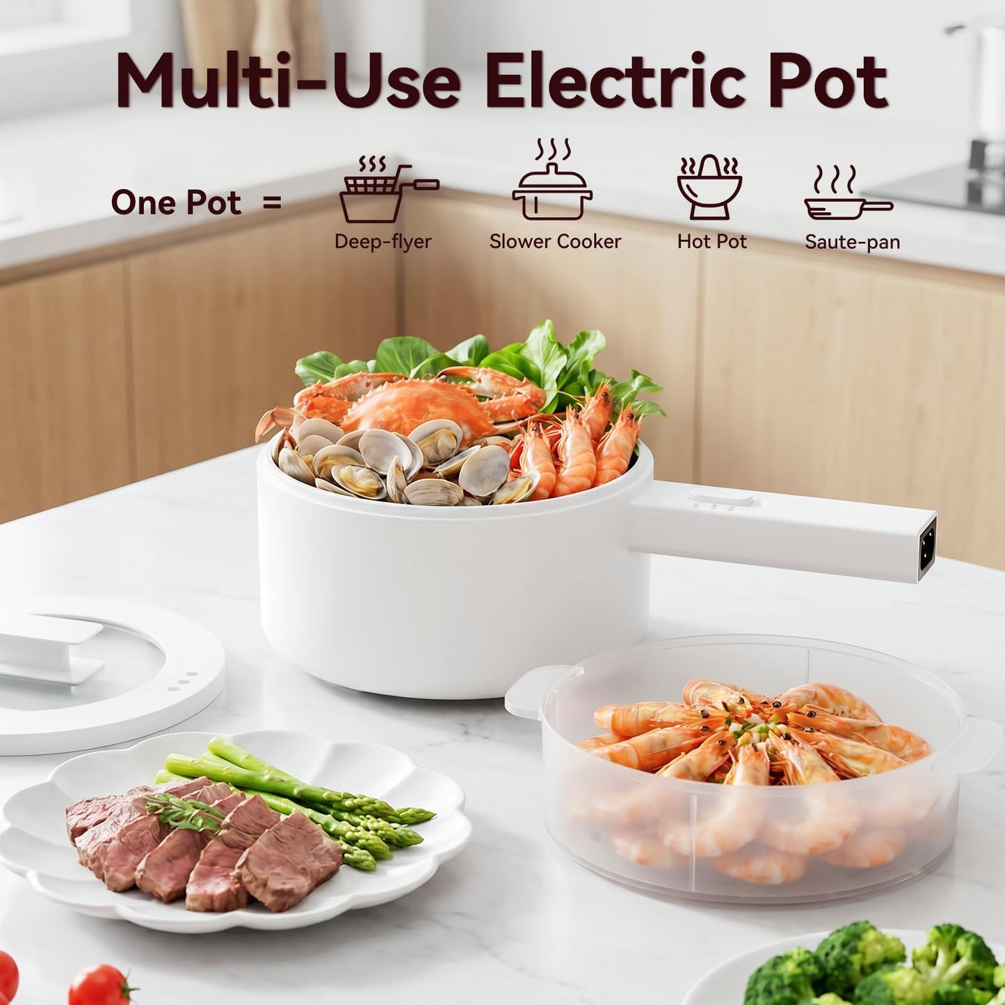 Electric Hot Pot 1.5L with Steamer – Portable Multi-Cooker for Noodles, Soup, Eggs & Quick Meals | Fast Heating Non-Stick Pot