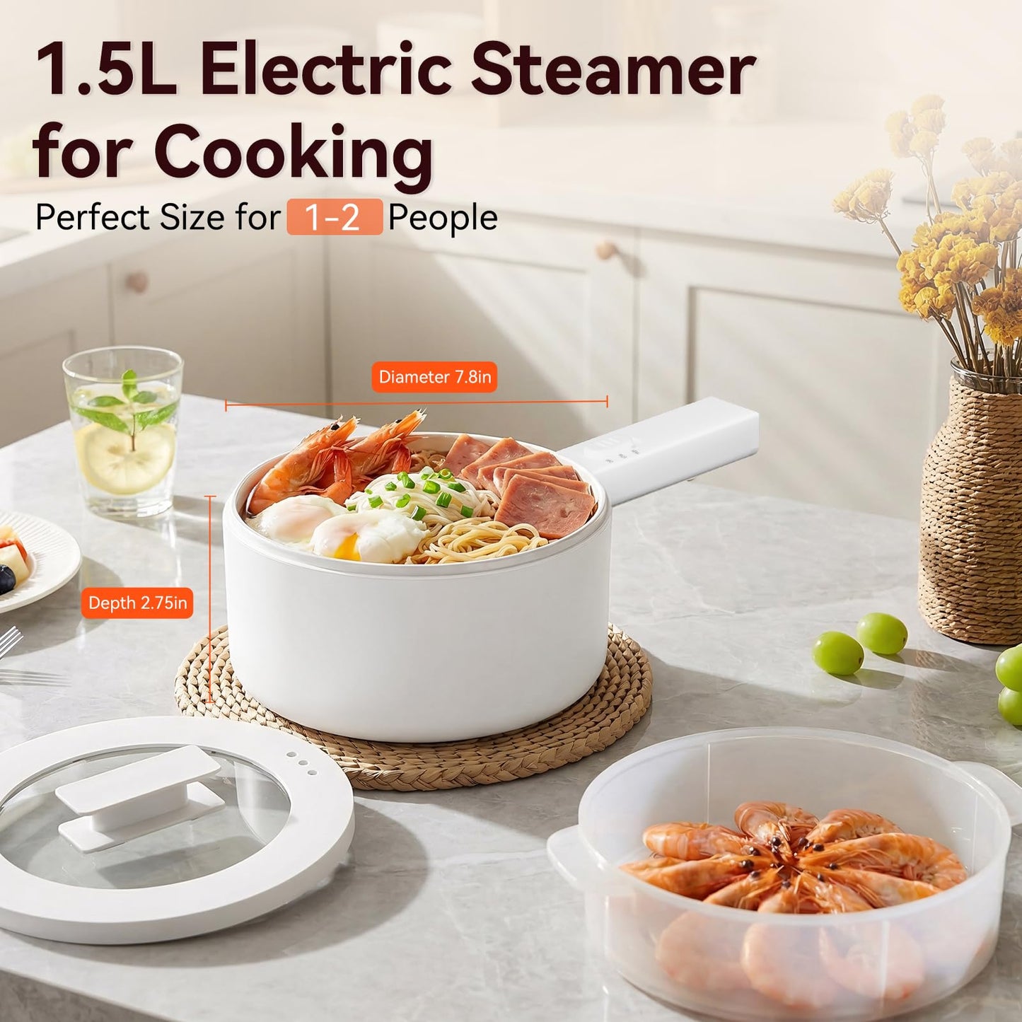 Electric Hot Pot 1.5L with Steamer – Portable Multi-Cooker for Noodles, Soup, Eggs & Quick Meals | Fast Heating Non-Stick Pot