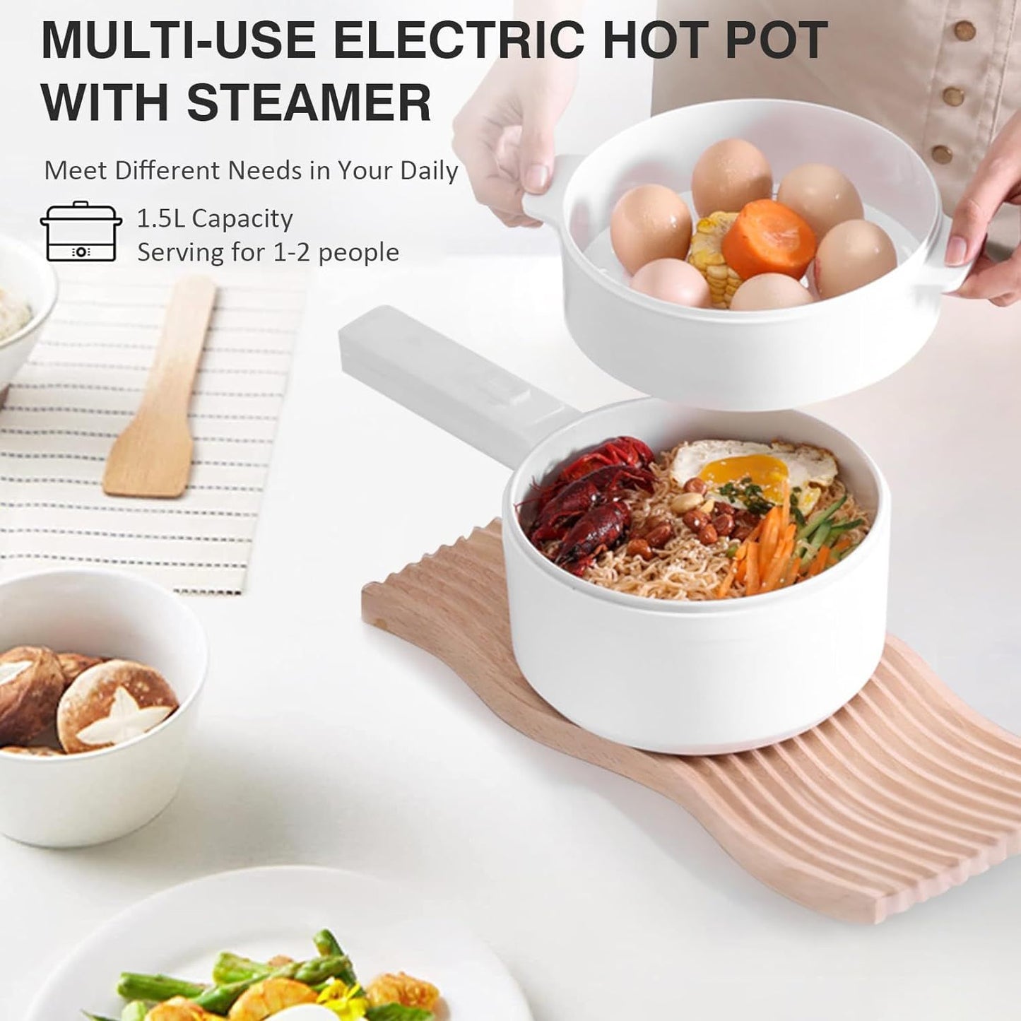 Electric Hot Pot 1.5L with Steamer – Portable Multi-Cooker for Noodles, Soup, Eggs & Quick Meals | Fast Heating Non-Stick Pot